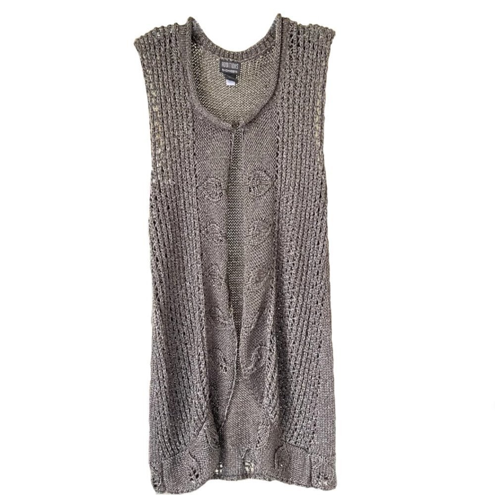 CHICO'S Long Sleeveless Open Tunic Silver Cardigan Vest Size 0 Crochet Pattern